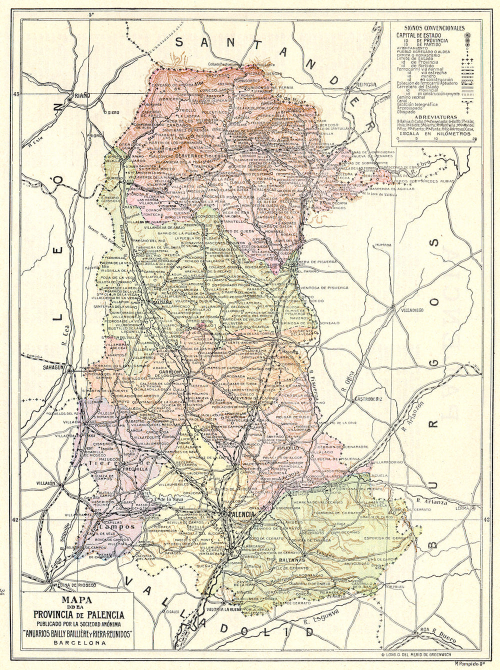 SPAIN. Mapa de la Provincia de Palencia 1913 old antique plan chart