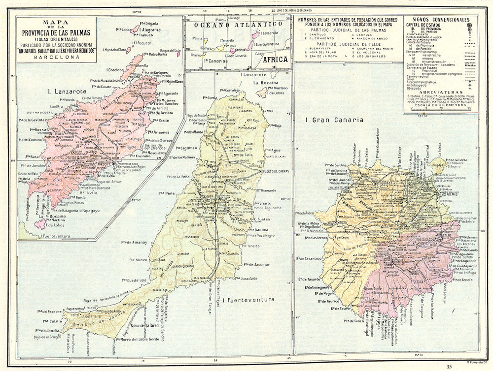 SPAIN. Mapa de la Provincia de las Palmas(Islas Orientales) 1913 old