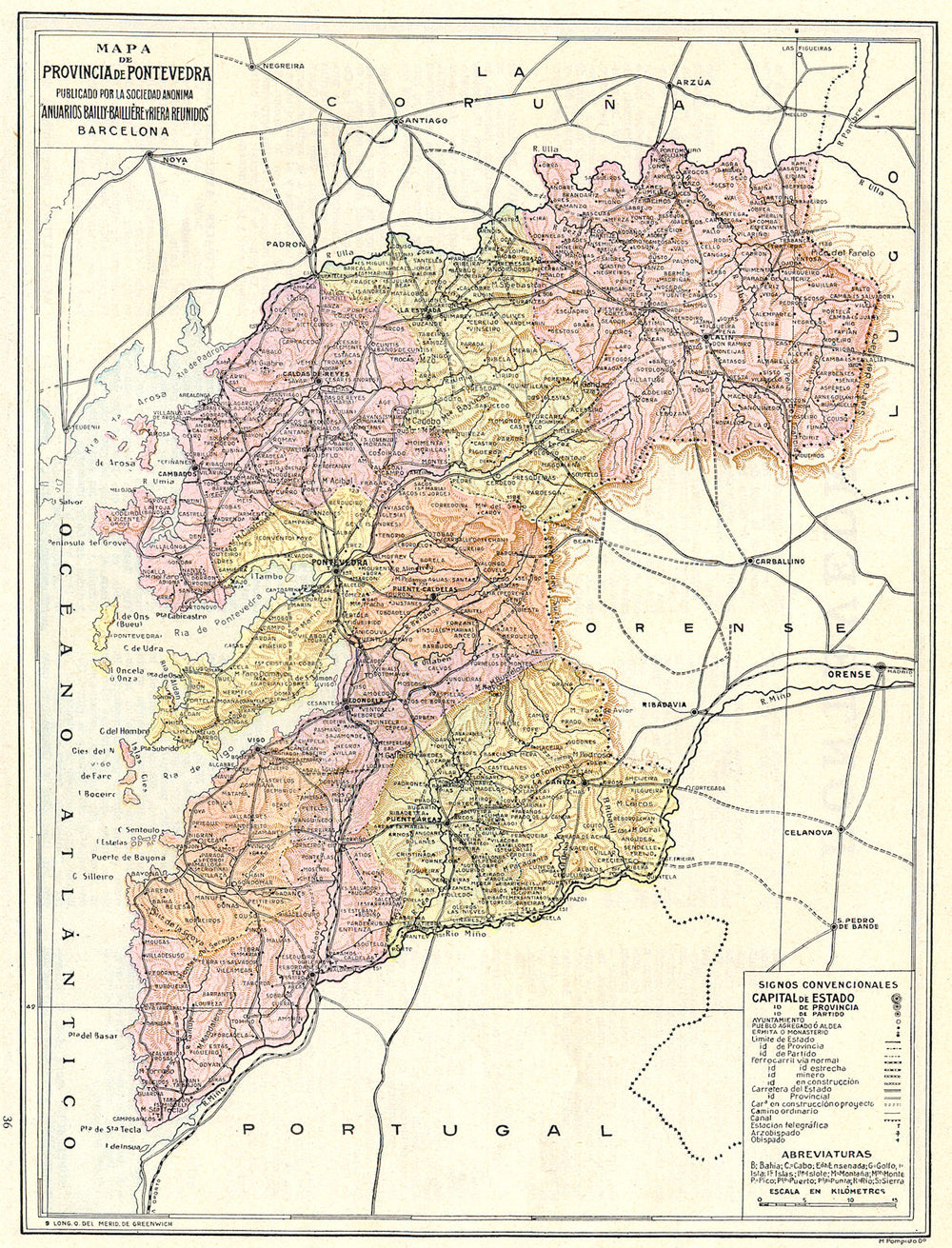 SPAIN. Mapa de la Provincia de Pontevedra 1913 old antique plan chart