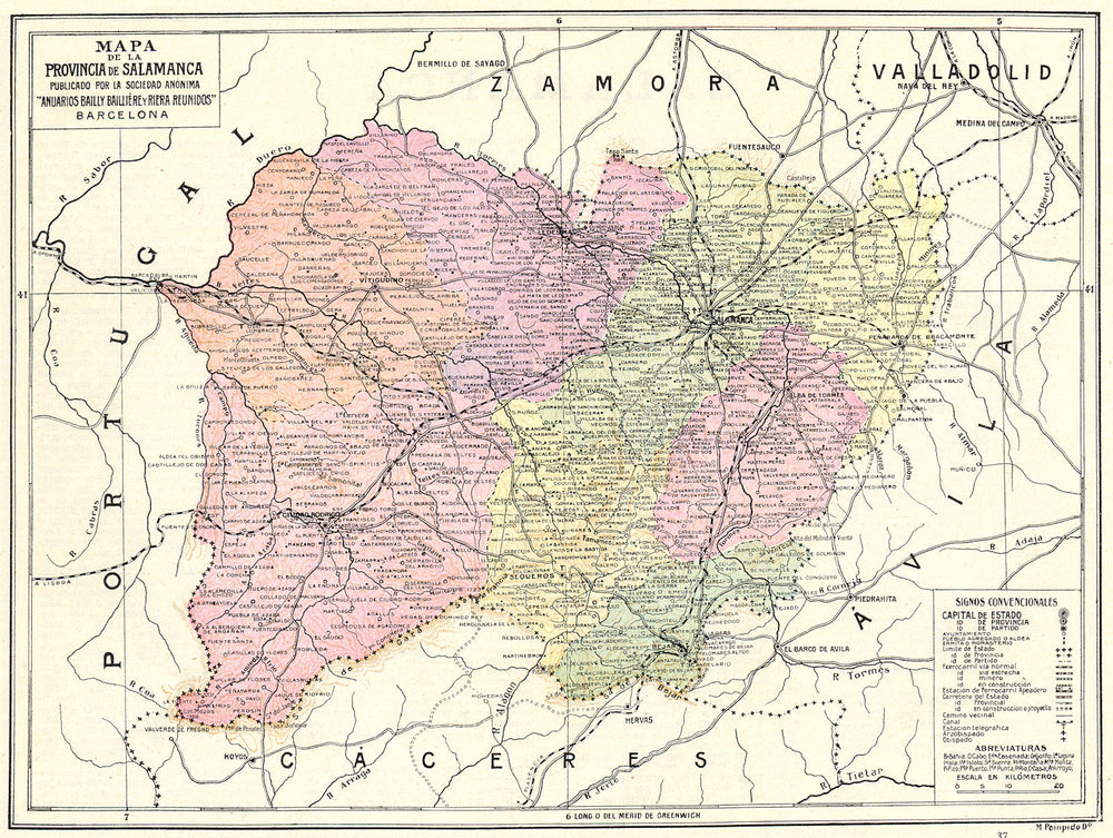 SPAIN. Mapa de la Provincia de Salamanca 1913 old antique plan chart