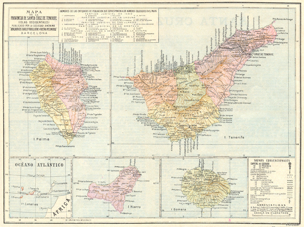 SPAIN. Mapa Provincia Sta Cruz Tenerife(Islas Occidentales) 1913 old