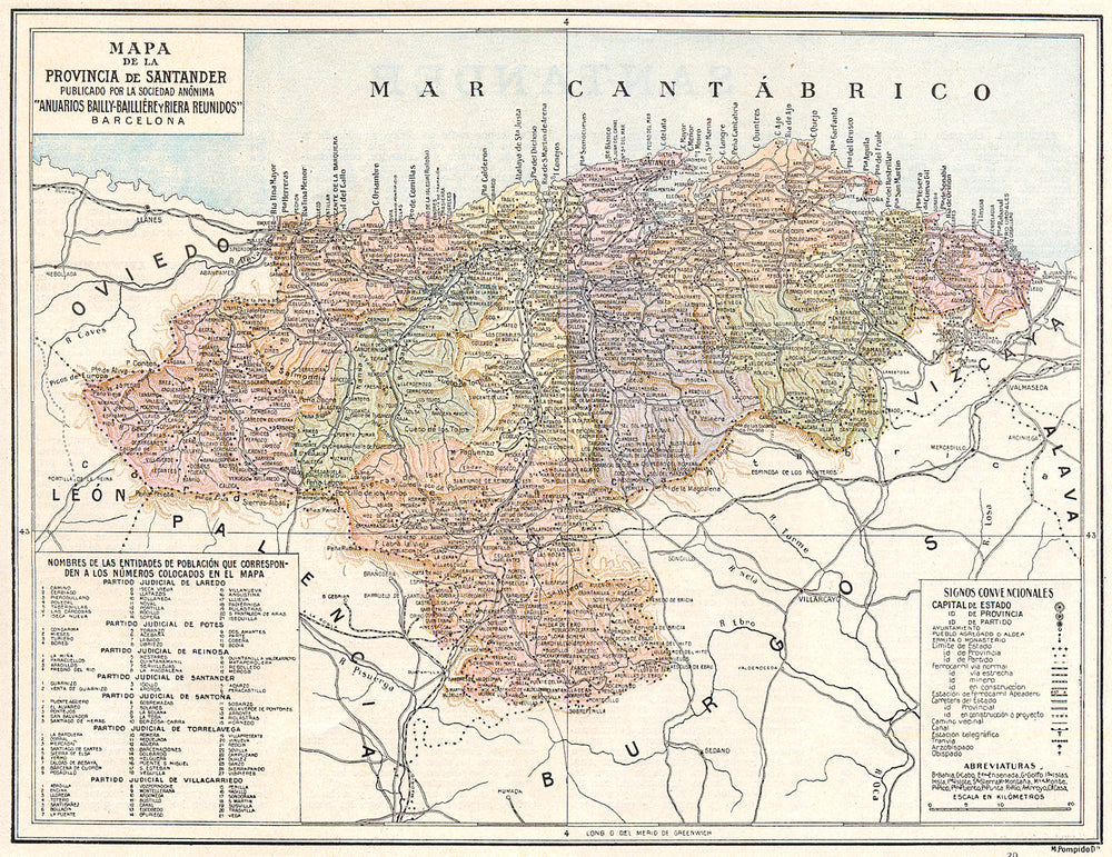 SPAIN. Mapa de la Provincia de Santander 1913 old antique plan chart