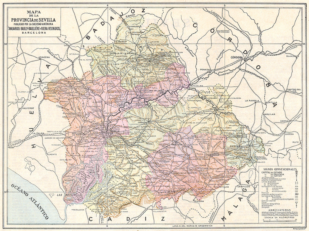 SPAIN. Mapa de la Provincia de Sevilla 1913 old antique vintage plan chart