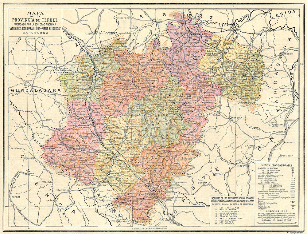 SPAIN. Mapa de la Provincia de Teruel 1913 old antique vintage plan chart