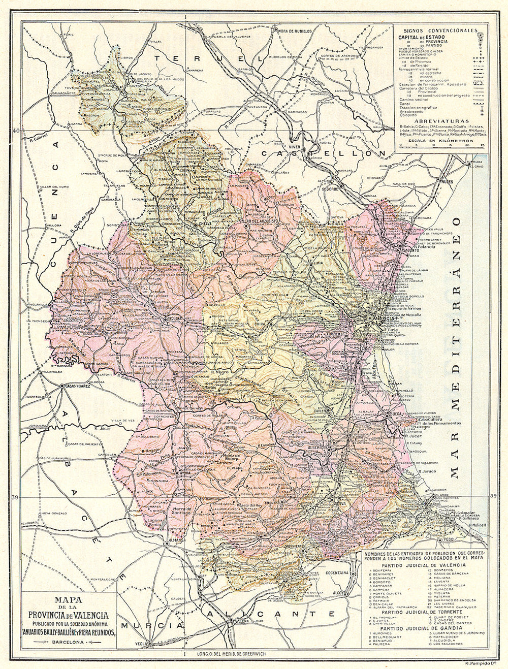 SPAIN. Mapa de la Provincia de Valencia 1913 old antique plan chart