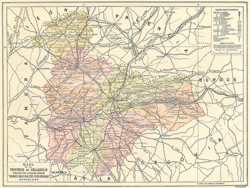 SPAIN. Mapa de la Provincia de Valladolid 1913 old antique plan chart
