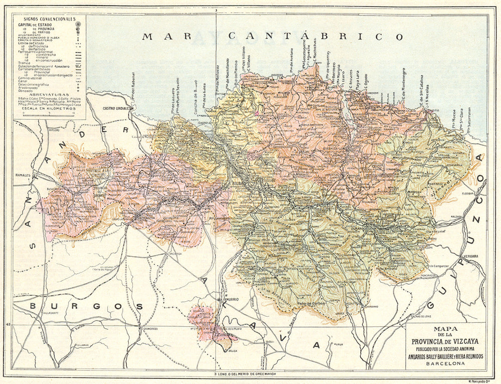 SPAIN. Mapa de la Provincia de Vizcaya 1913 old antique vintage plan chart