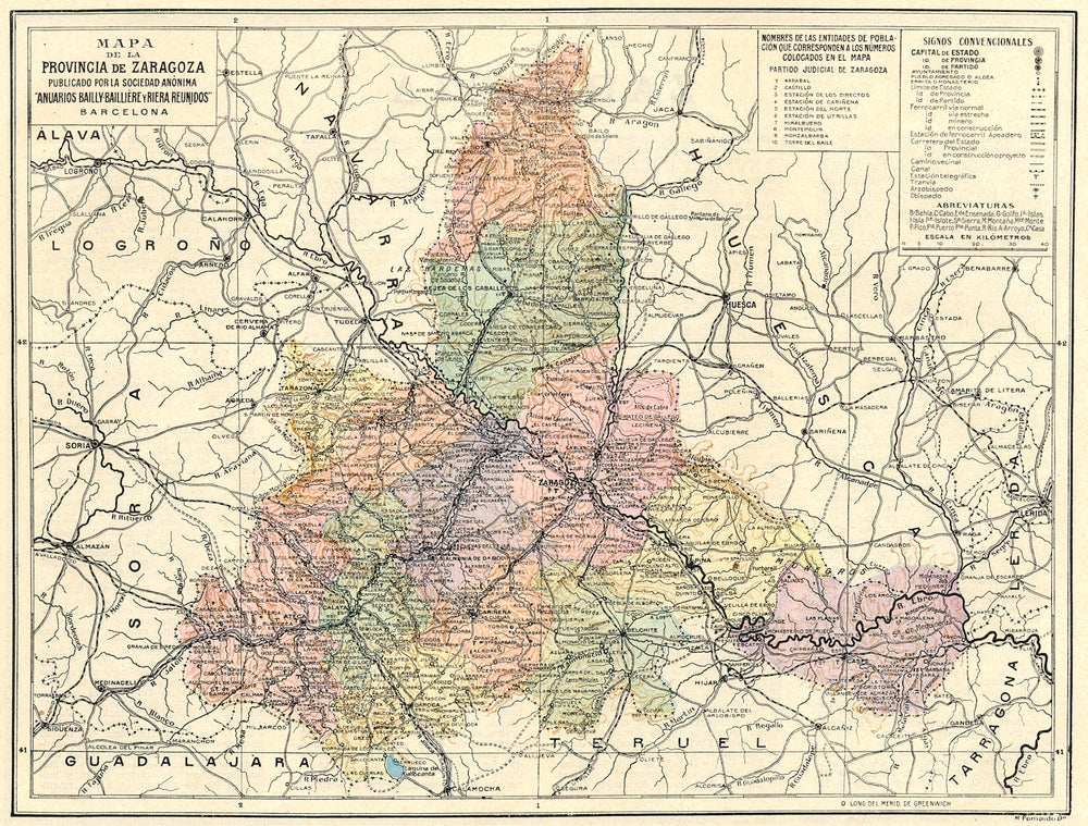 SPAIN. Mapa de la Provincia de Zaragoza 1913 old antique plan chart