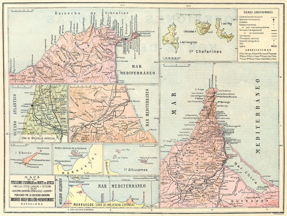 MOROCCO. Mapa Posesiones Espanolas del Norte Africa-Ceuta Melilla 1913 old