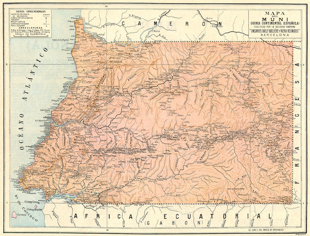 EQUATORIAL GUINEA. Mapa del Muni(Guinea Continental Espanola) 1913 old