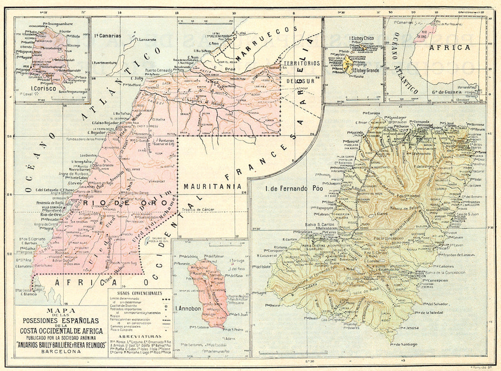 AFRICA. Posesione Espanola Costa Occidental Bioko Rio Oro Fernando Po 1913 map