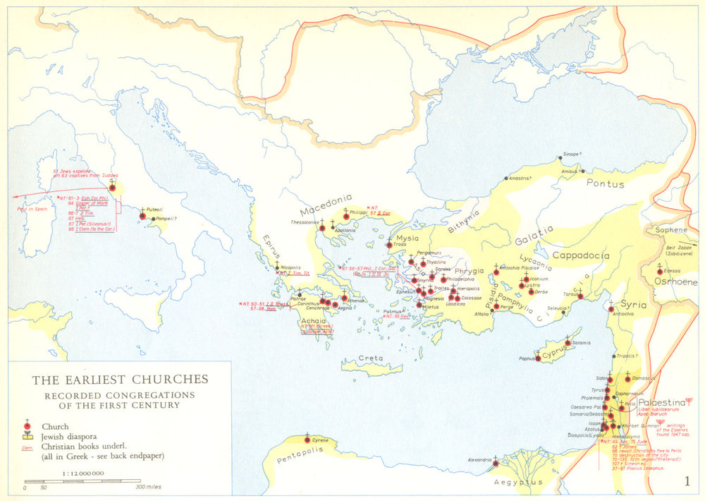 CHRISTIANITY.Earliest Churches recorded congregations of 1C 1958 old map