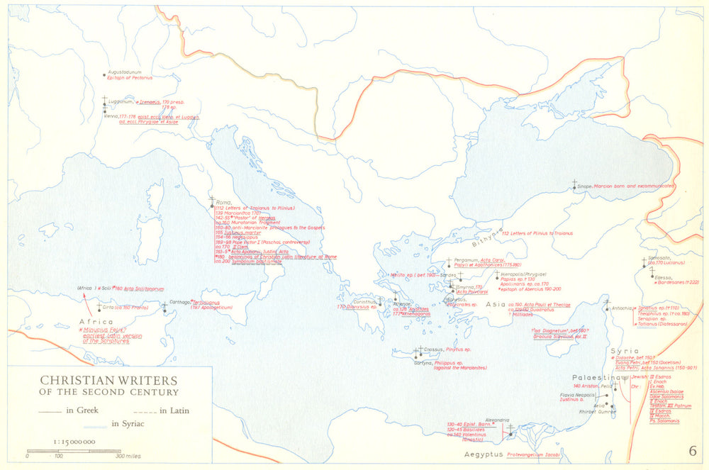 CHRISTIANITY.Christian writers of the second century 1958 old vintage map