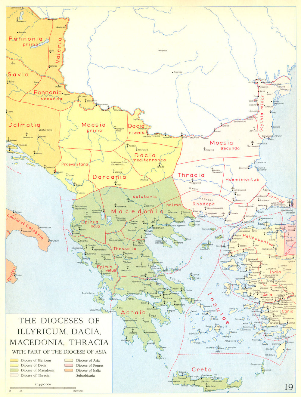CHRISTIANITY.Dioceses of Illyricum,Dacia,Macedonia,Thracia Asia 1958 old map