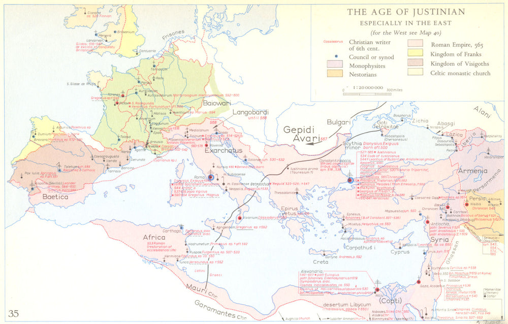 CHRISTIANITY.The Age of Justinian especially in the east 1958 old vintage map