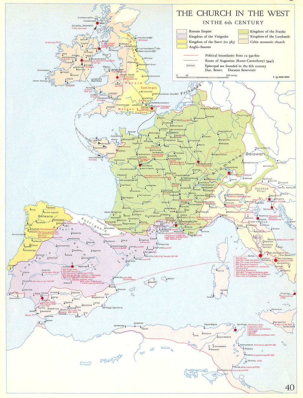 CHRISTIANITY.The Church in the west in the 6th century 1958 old vintage map