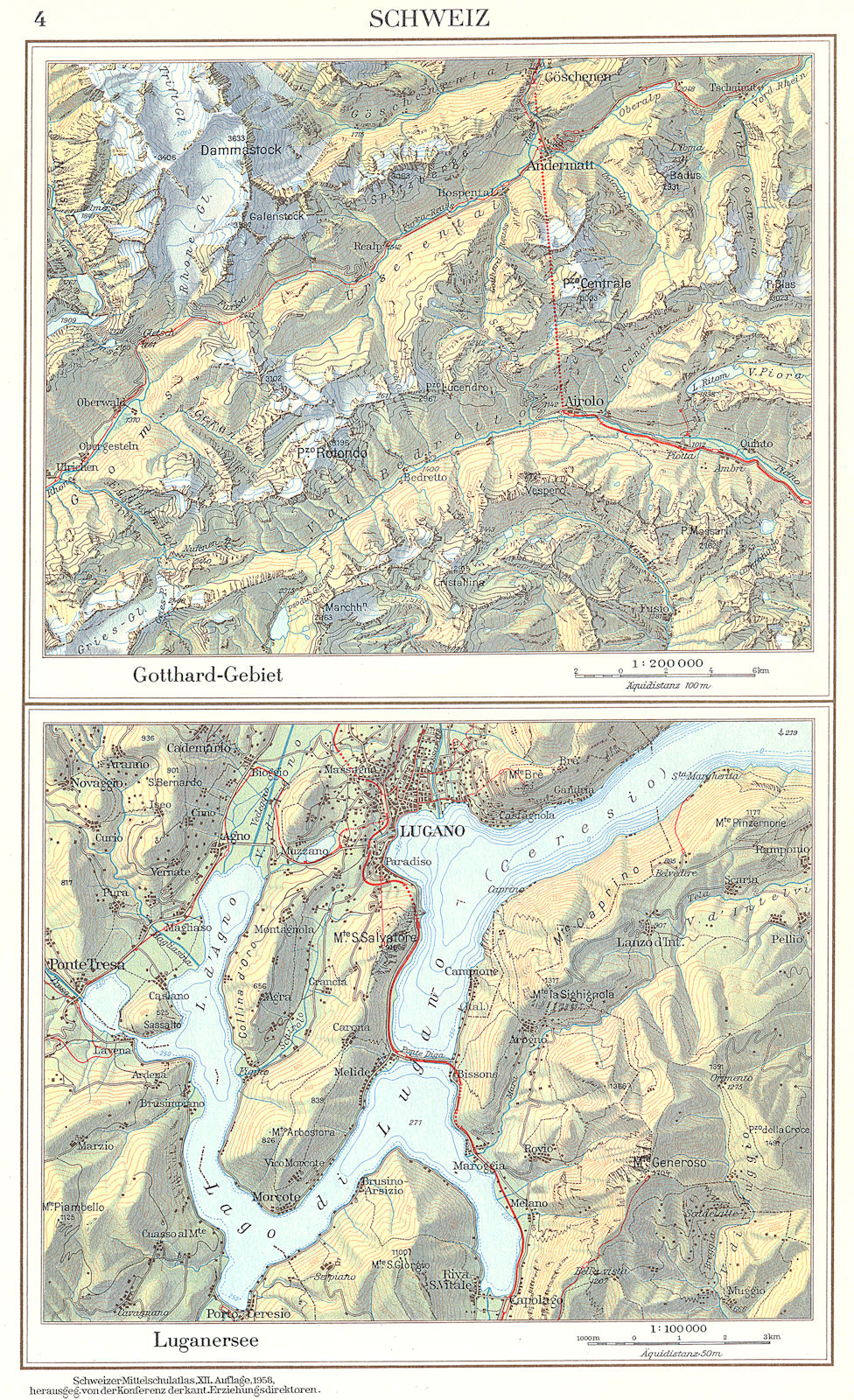 SWITZERLAND.Schweiz;Gotthard-Gebiet;Luganersee 1958 old vintage map plan chart