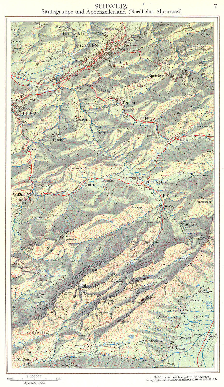 SWITZERLAND.Schweiz;Santisgruppe Appenzellerland(Nordlicher Alpenrand) 1958 map