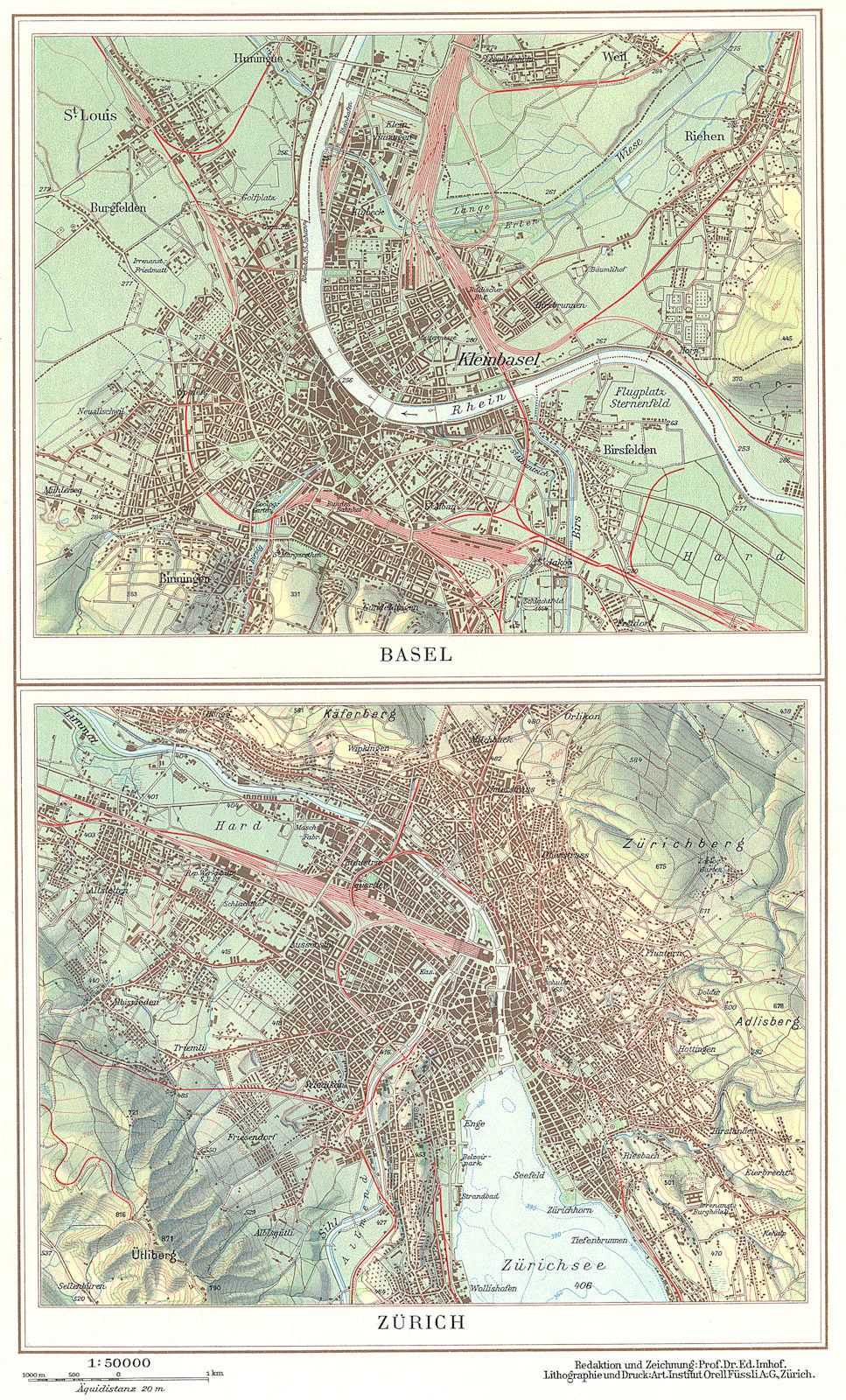 SWITZERLAND.Schweiz;Basel;Zurich 1958 old vintage map plan chart