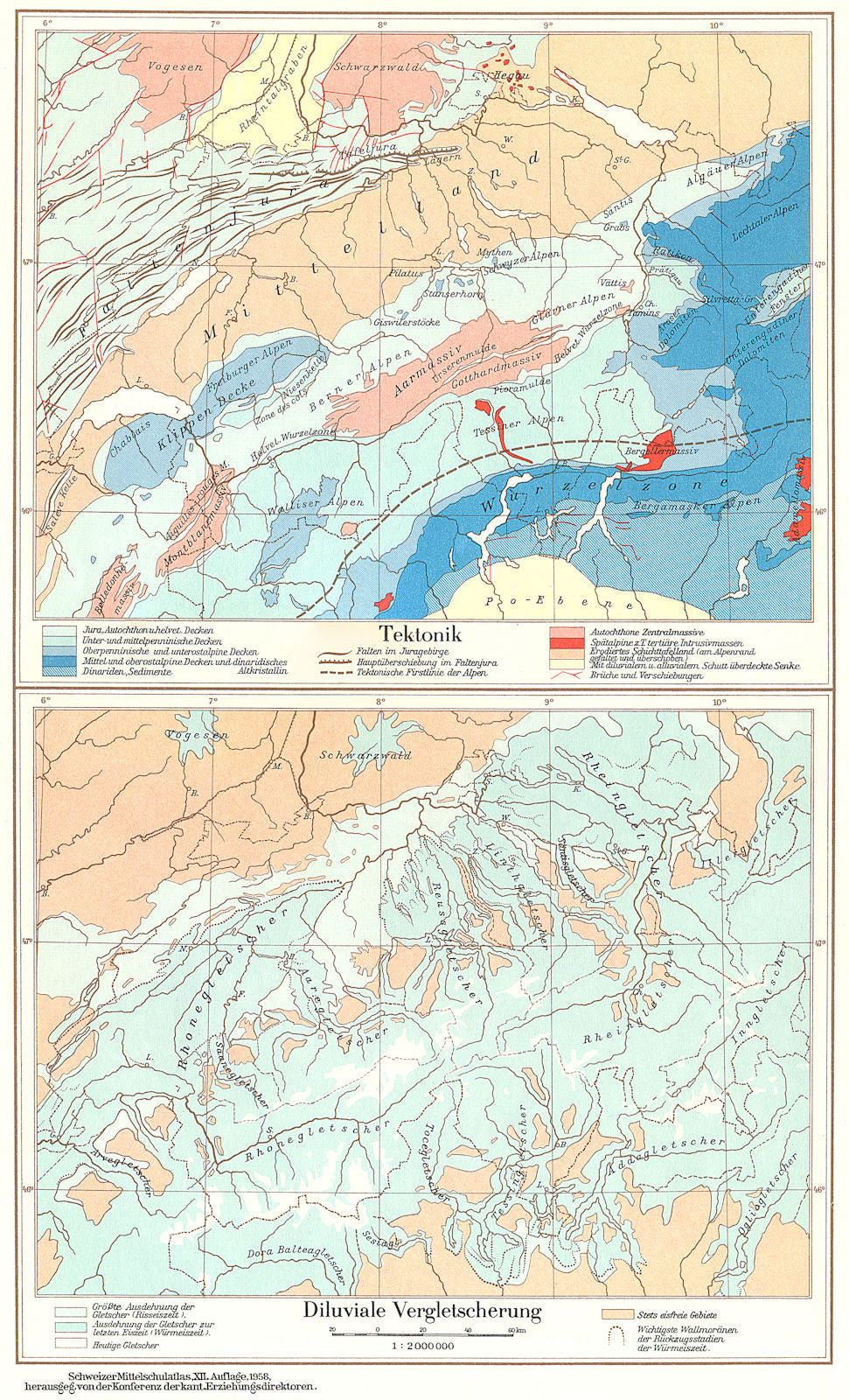 SWITZERLAND.Schweiz;Tektonik;Diluviale Vergletscherung 1958 old vintage map