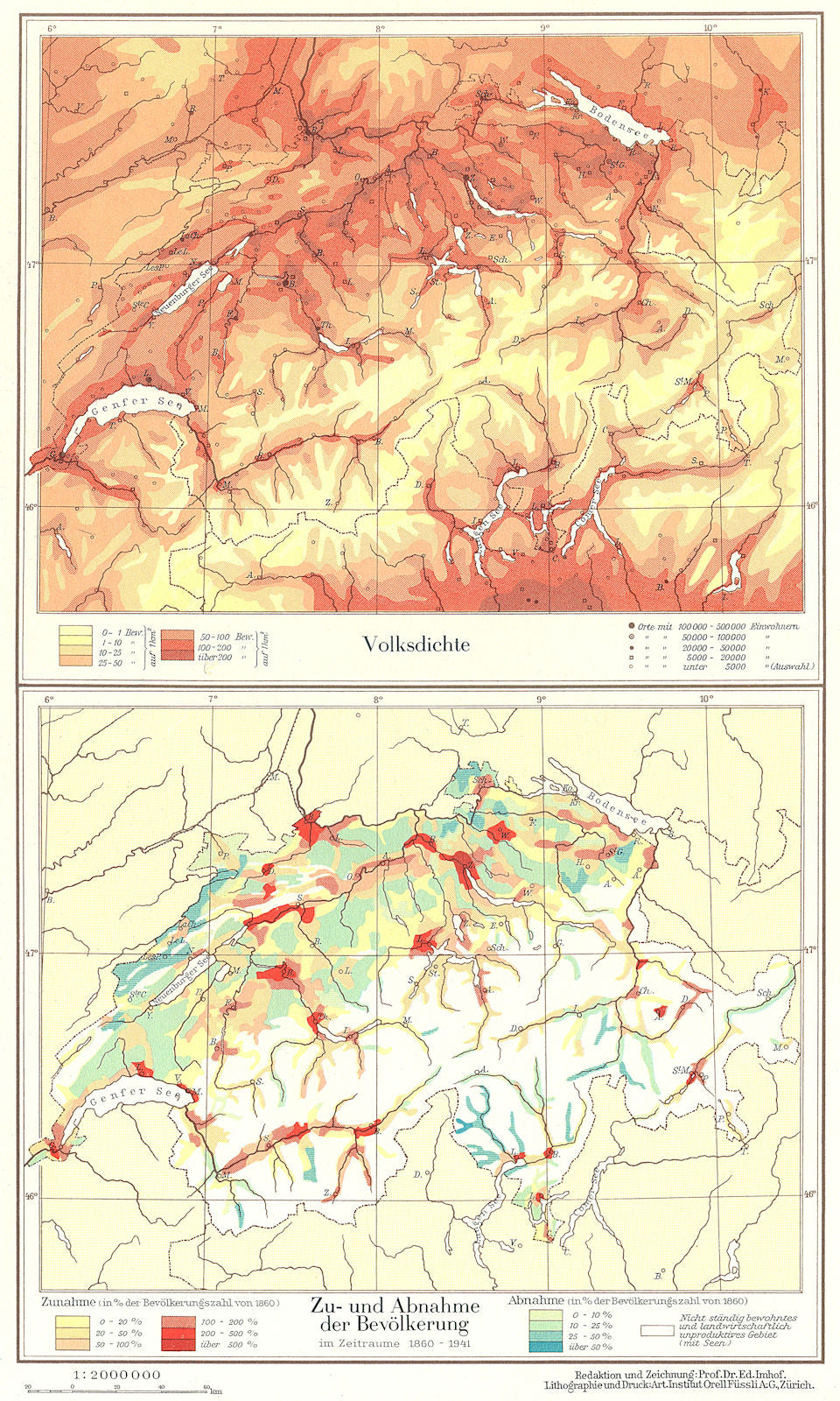 SWITZERLAND.Schweiz;Volksdichte population density;Abnahme Bevolkerung 1958 map