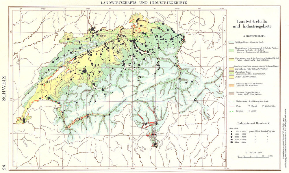 SWITZERLAND.Schweiz;LandWirtschaft Economy Industriegebiete 1958 old map