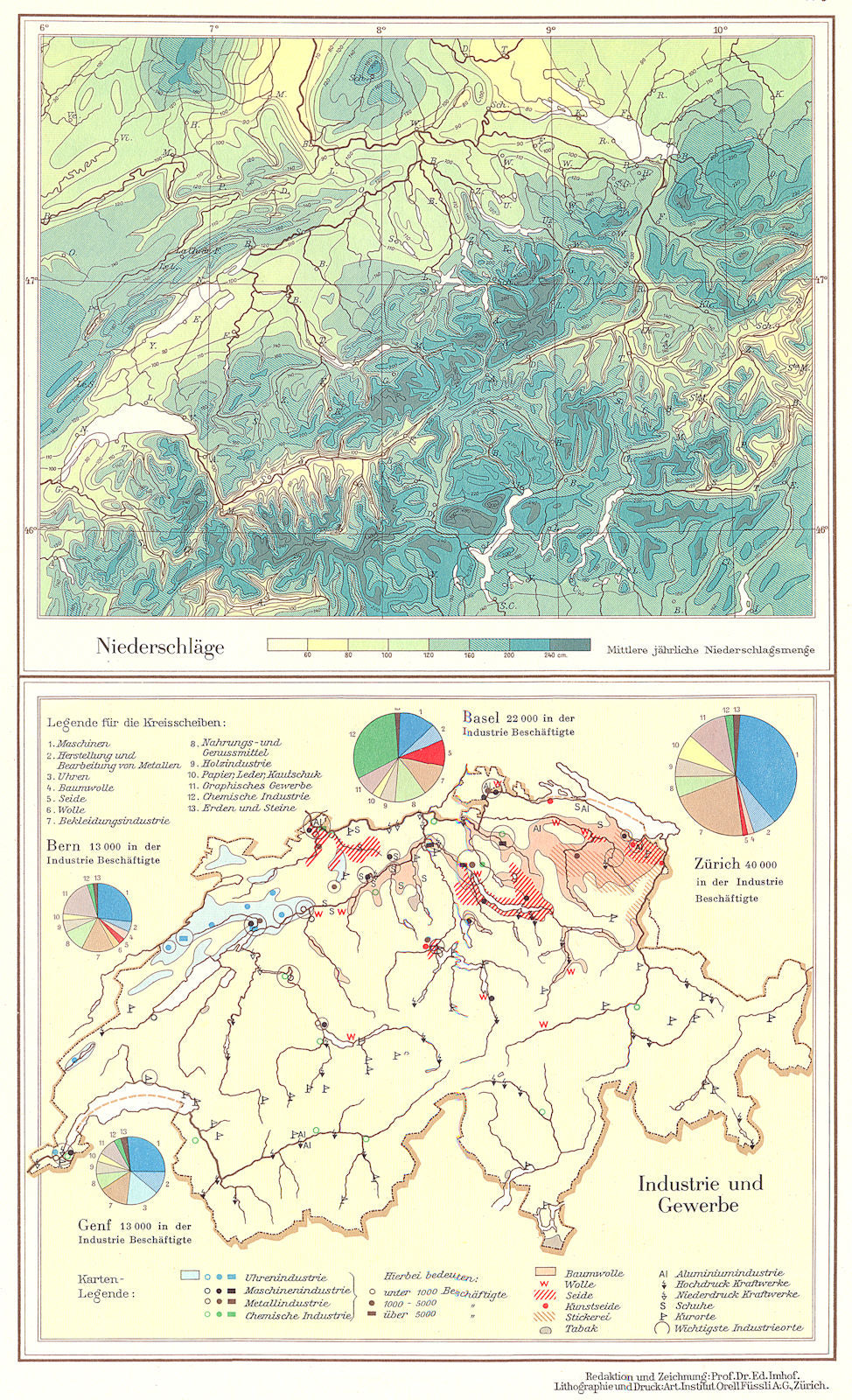 SWITZERLAND.Schweiz;niederschlage rainfall;Industrie und Gewerbe 1958 old map
