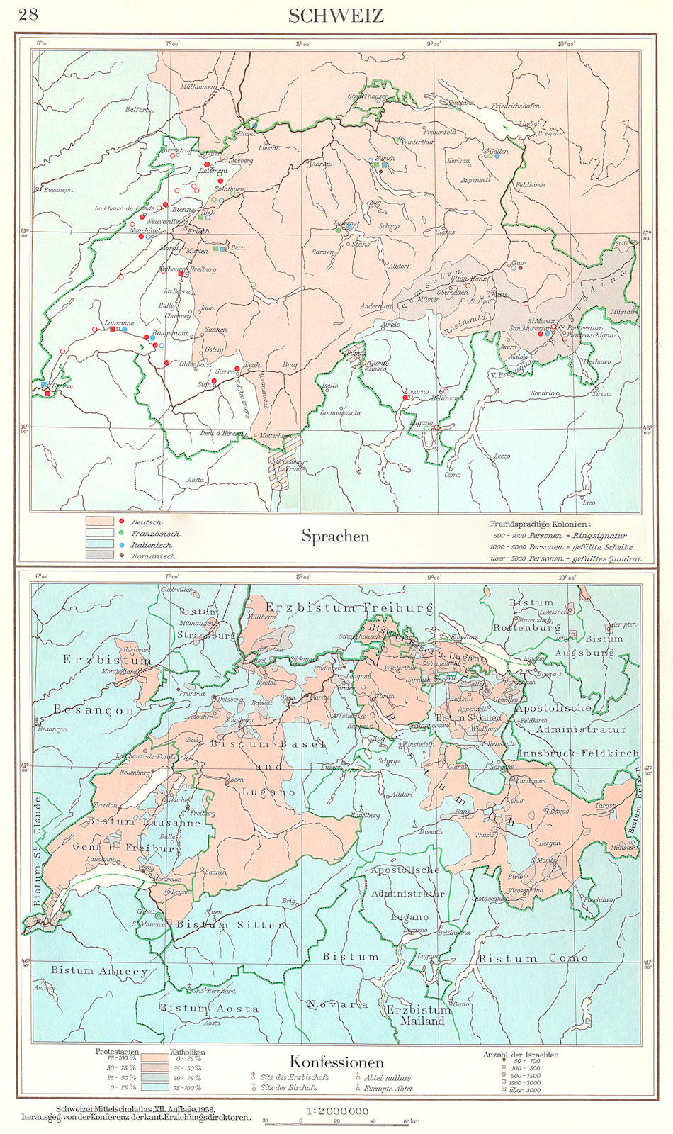 SWITZERLAND.Schweiz;Sprachen Language;Konfessionen Religion 1958 old map