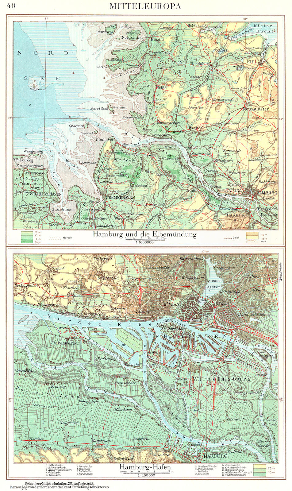 GERMANY.Hamburg Elbe estuary Elbemundung;Hamburg-Hafen 1958 old vintage map