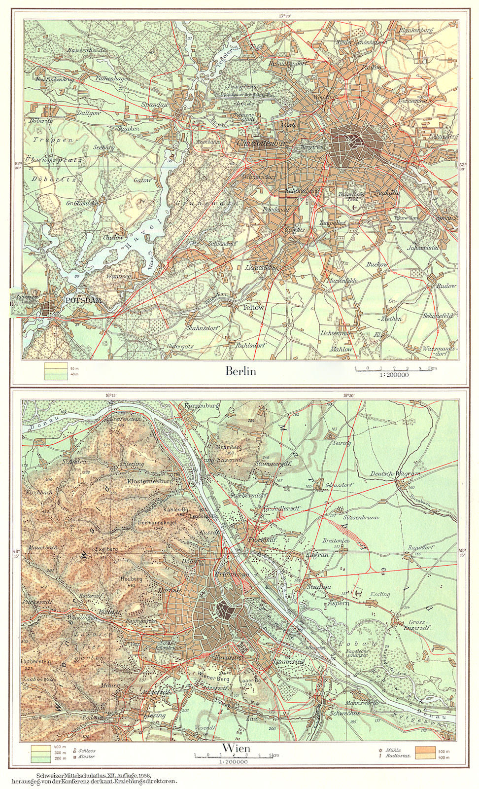 BERLIN VIENNA.Mitteleuropa. Germany Austria. Berlin;Wien;Vienna 1958 old map