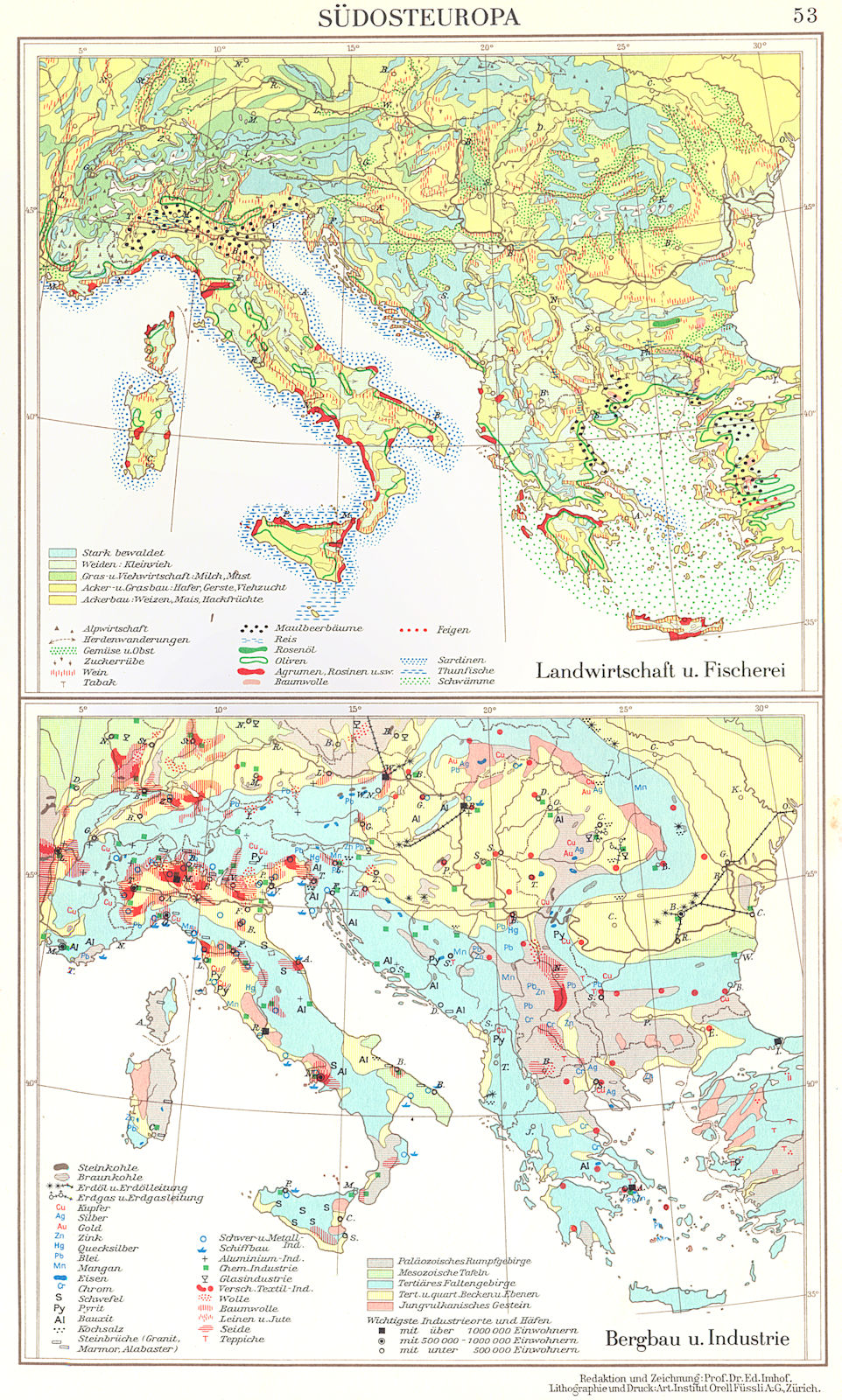 SUDOSTEUROPA.Landwirtschaft Agriculture Fischerei;Bergbau Industrie 1958 map