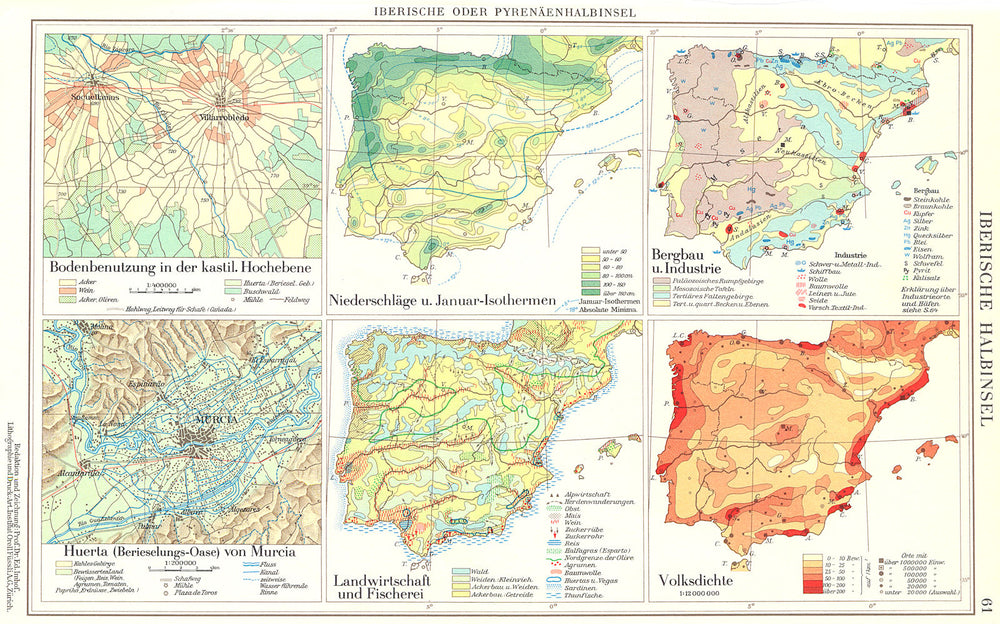 IBERIEN.Kastil;Isothermen;Bergbau;Huerta Murcia;Landwirtschaft 1958 old map