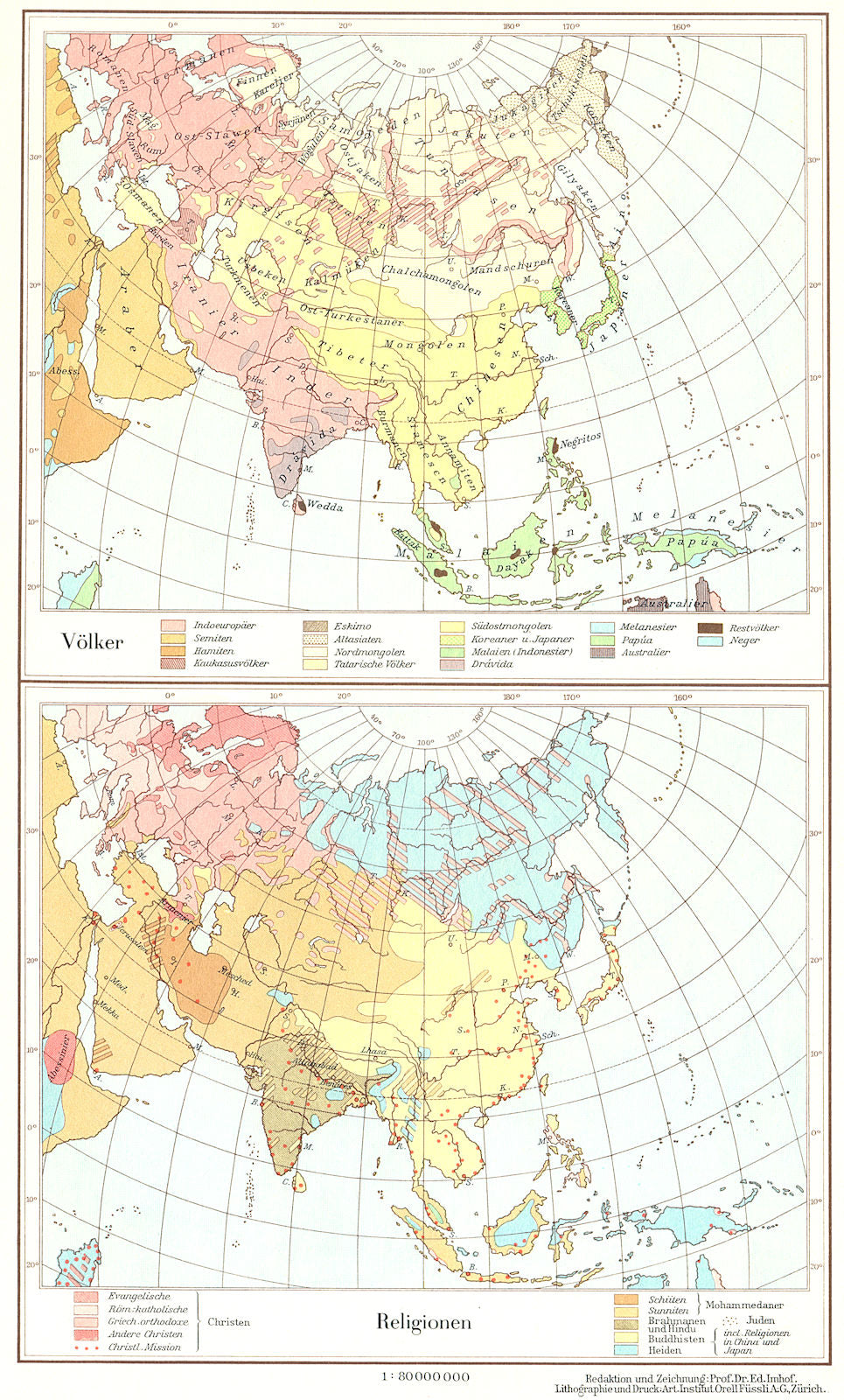 ASIA.Asien;Volker Race;Religionen Religion 1958 old vintage map plan chart