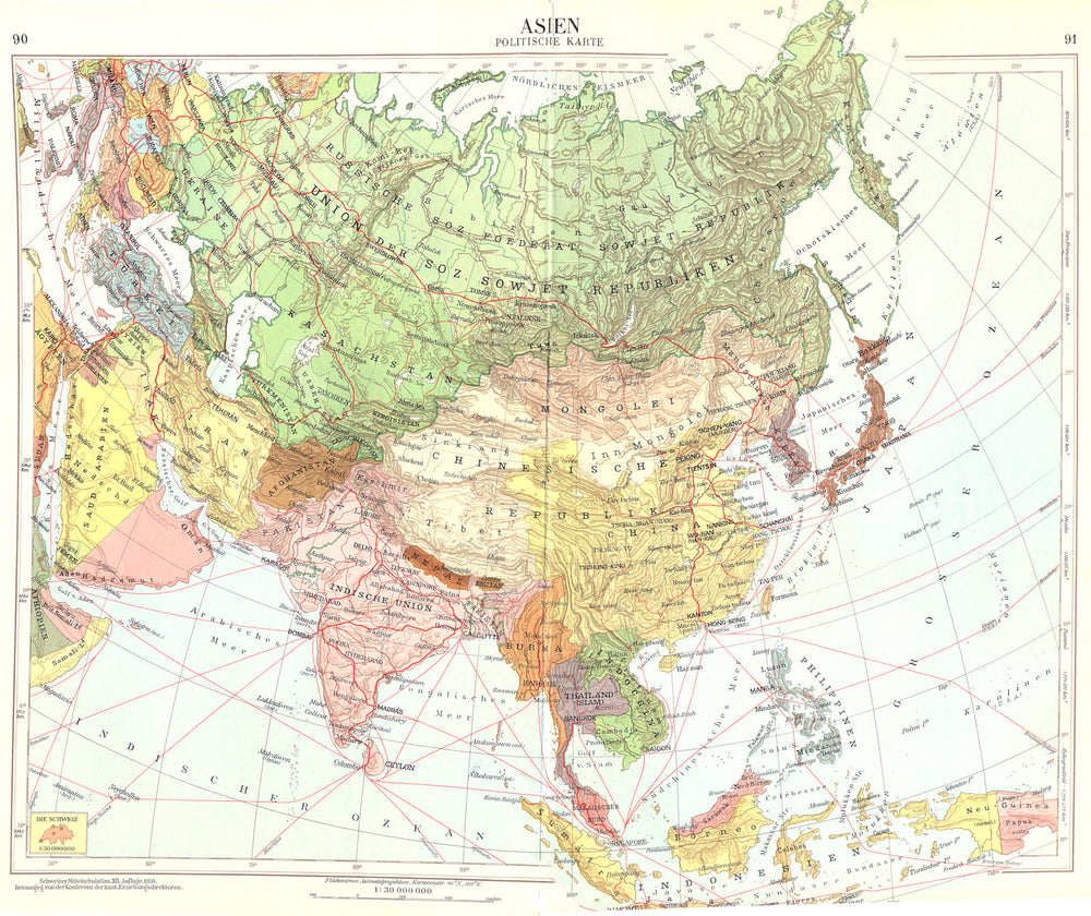 ASIA.Asien Politische Karte Political;Inset Schweiz Switzerland 1958 old map