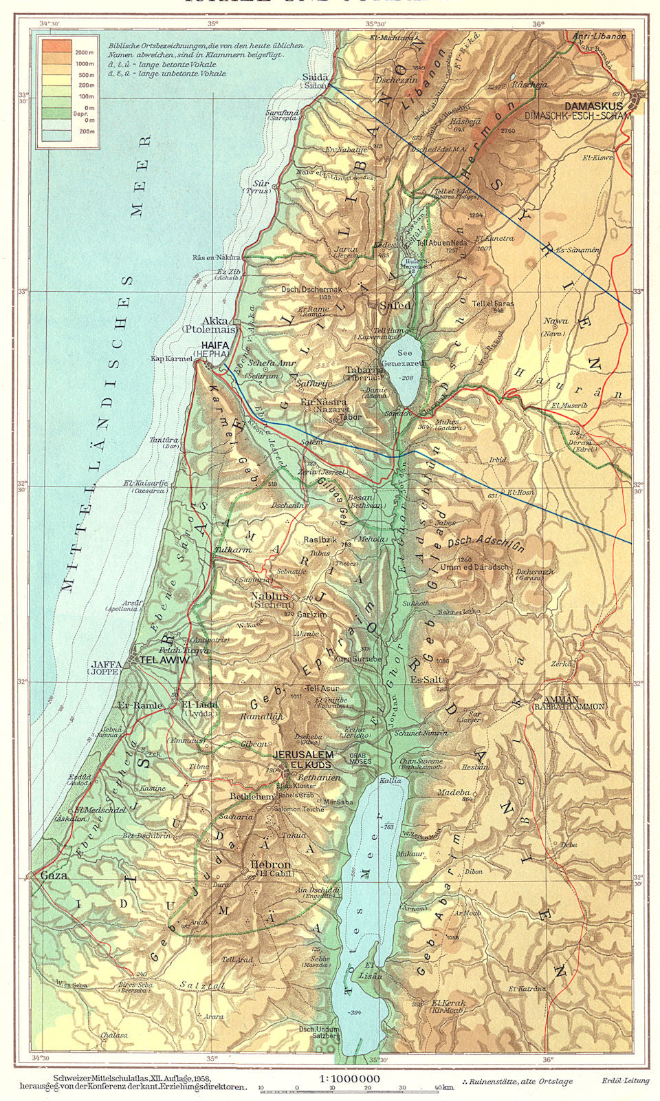 ISRAEL.Israel Und Jordanien Jordan Palestine Holy Land 1958 old vintage map
