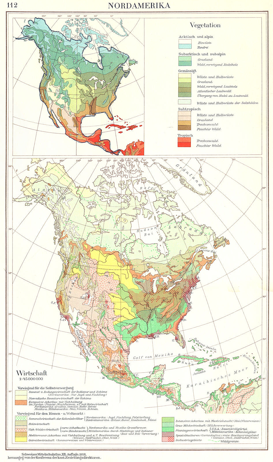 NORTH AMERICA.Nordamerika;Vegetation Wirtschaft Economy 1958 old vintage map