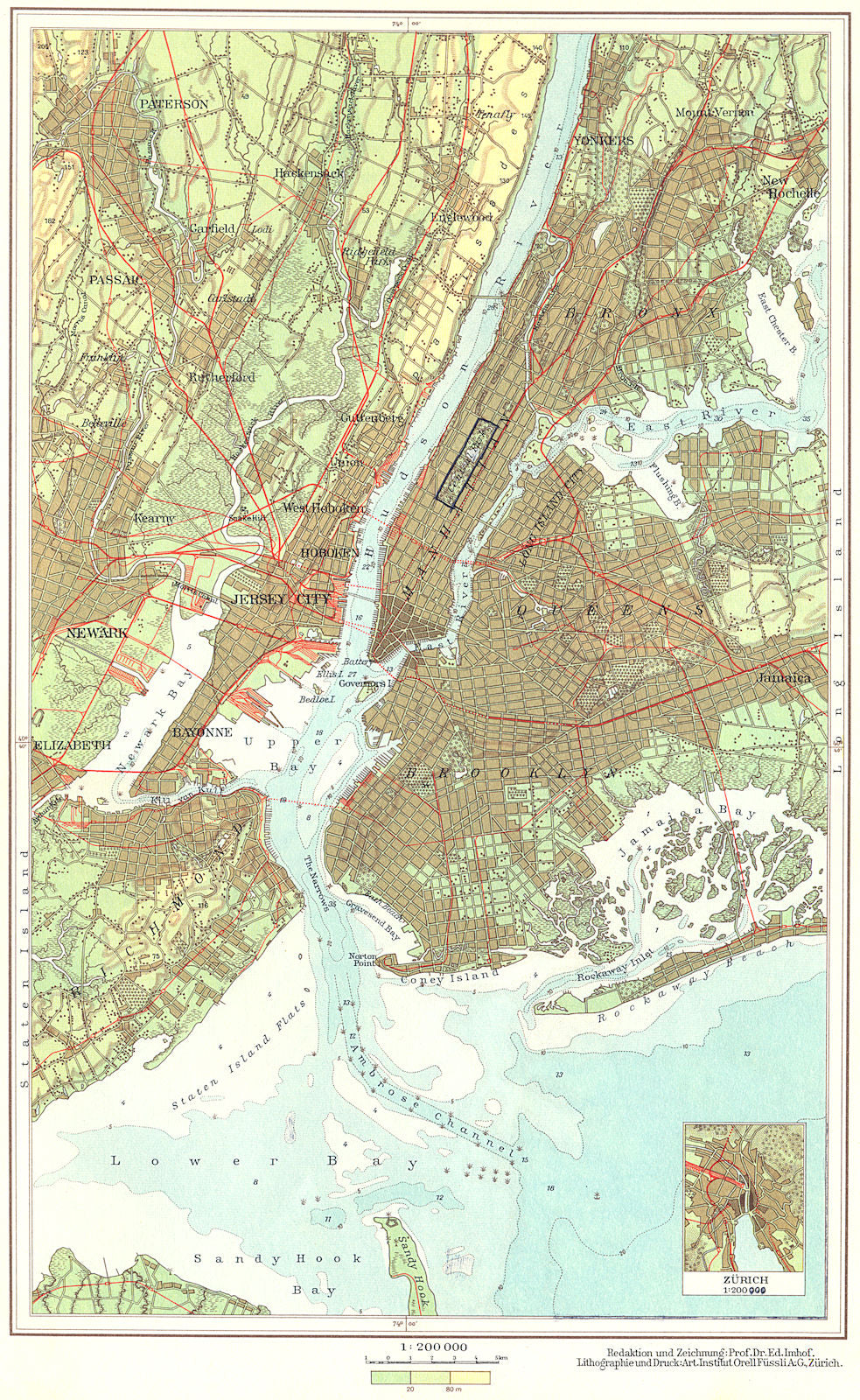 NEW YORK.New York;Inset Zurich 1958 old vintage map plan chart