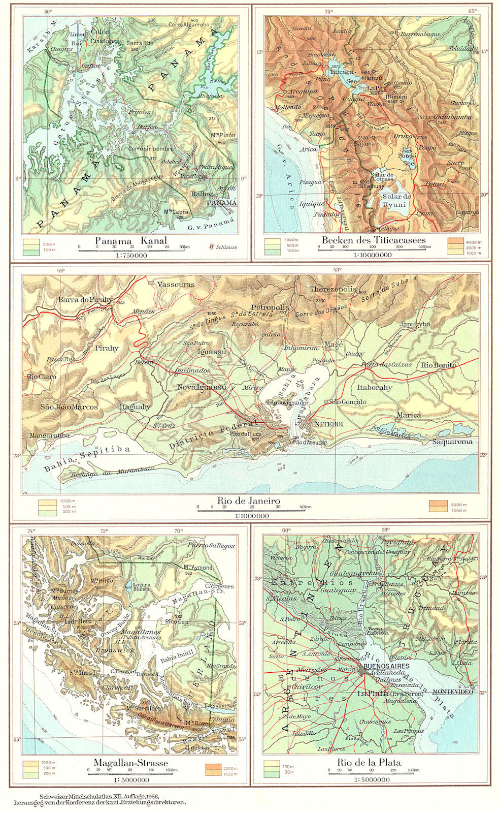 SOUTH AMERICA.Sudamerika;Panama Kanal;Titicacasees;Rio Janeiro;Plata 1958 map