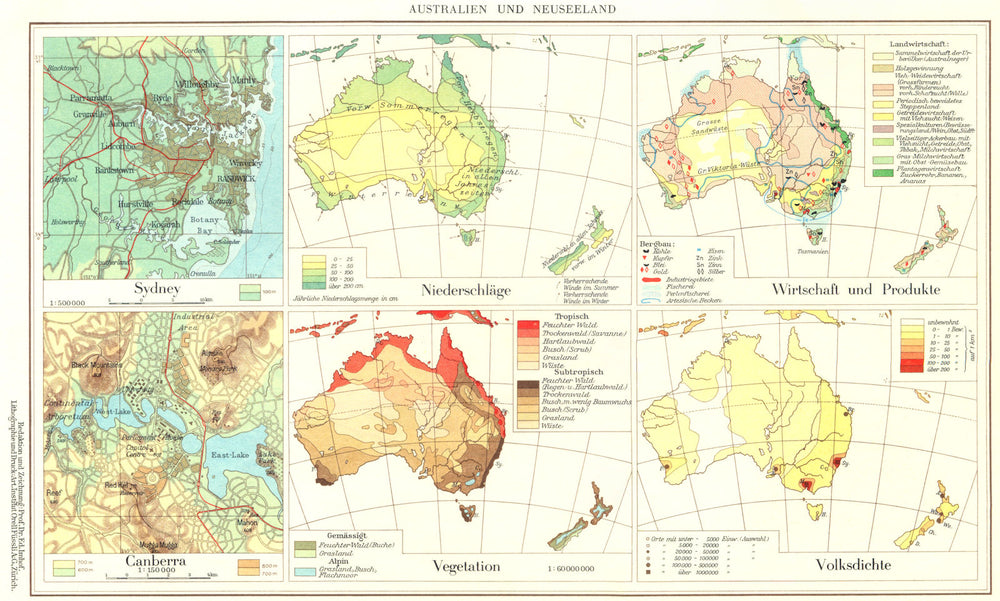 AUSTRALIEN.NZ;Sydney;Produkte;Canberra;Vegetation;Volksdichte 1958 old map