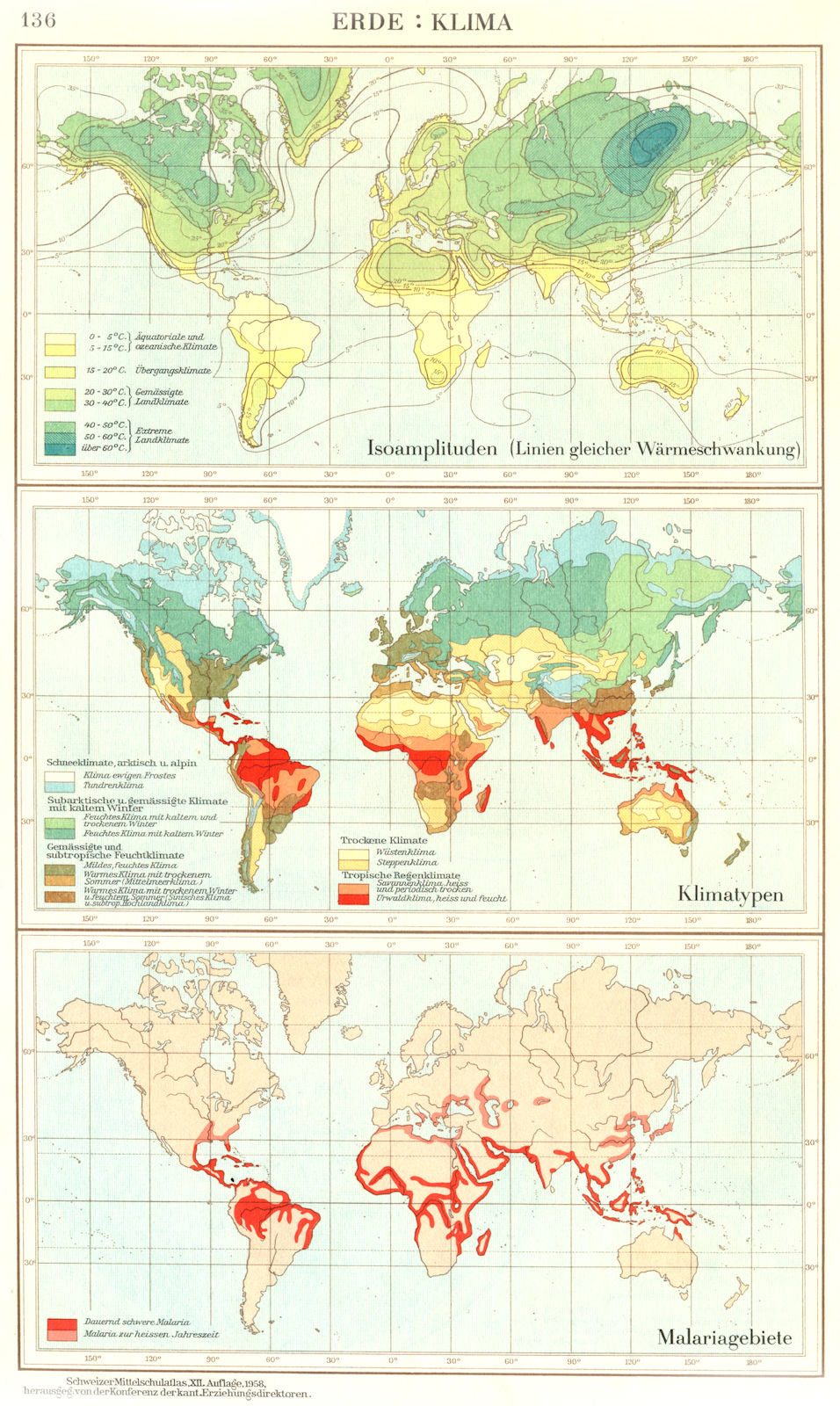 WORLD.Erde.Klima;Isoamplituden;Klimatypen;Malariagebiete Malaria 1958 old map