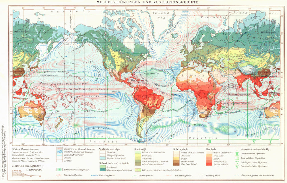 WORLD.Erde;Meeresstromungen Und Vegetationsgebiete 1958 old vintage map chart