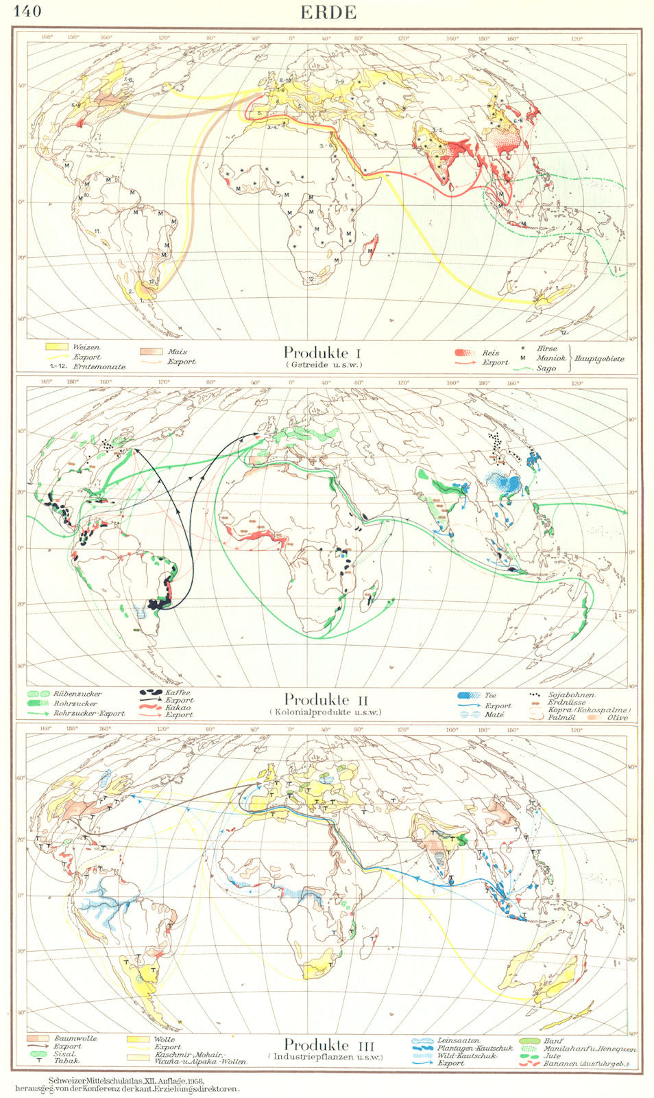 ERDE.Produkte Getreide Kolonialprodukte; Production Industriepflanzen 1958 map