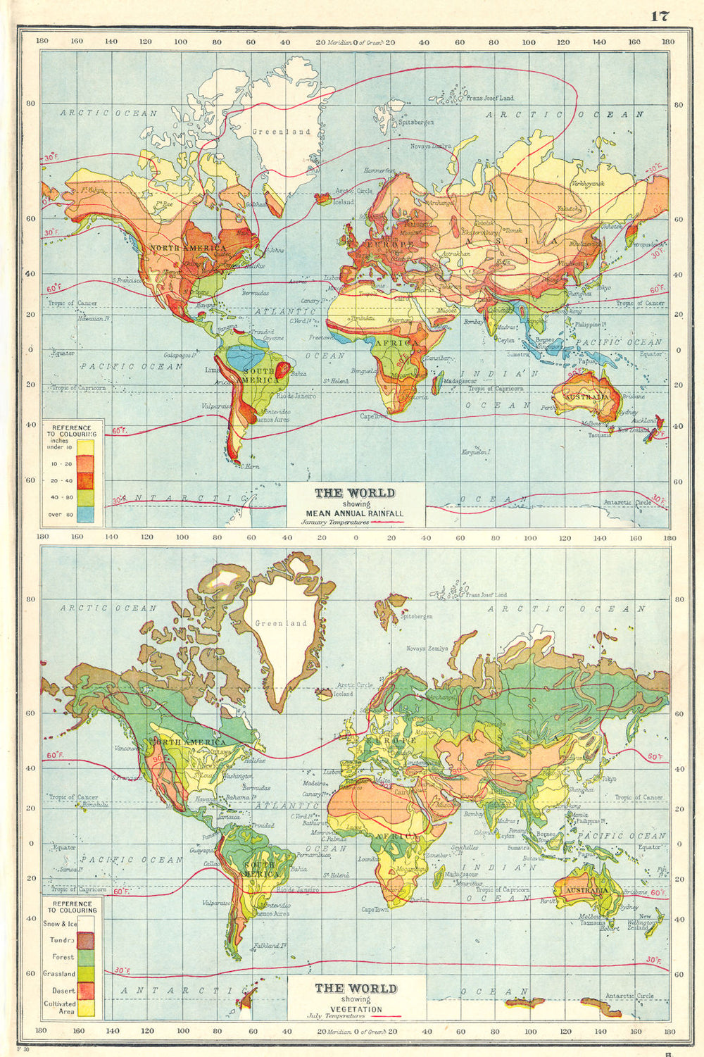WORLD. Showing Rainfall & Vegetation. Jan & July temperatures 1920 old map