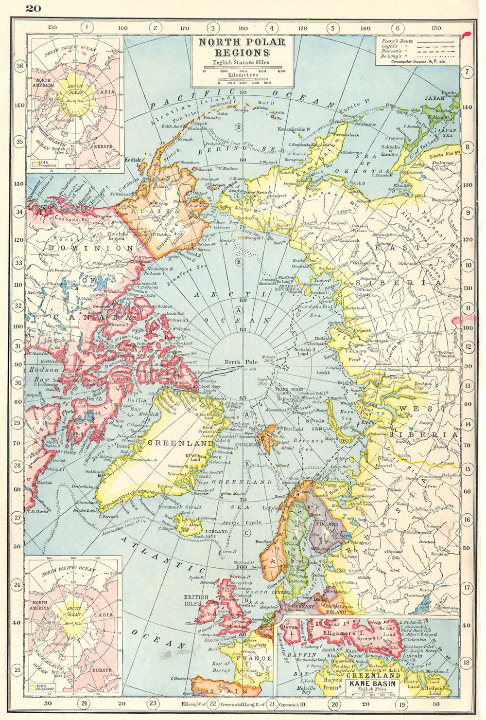 ARCTIC. North Pole showing explorers' routes. Inset Kane Basin 1920 old map
