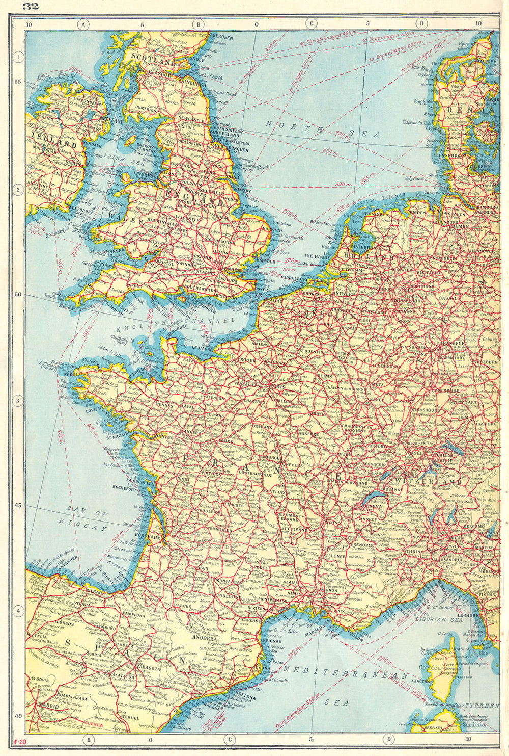 WESTERN EUROPE. Showing Railways & steamship routes. West sheet 1920 old map
