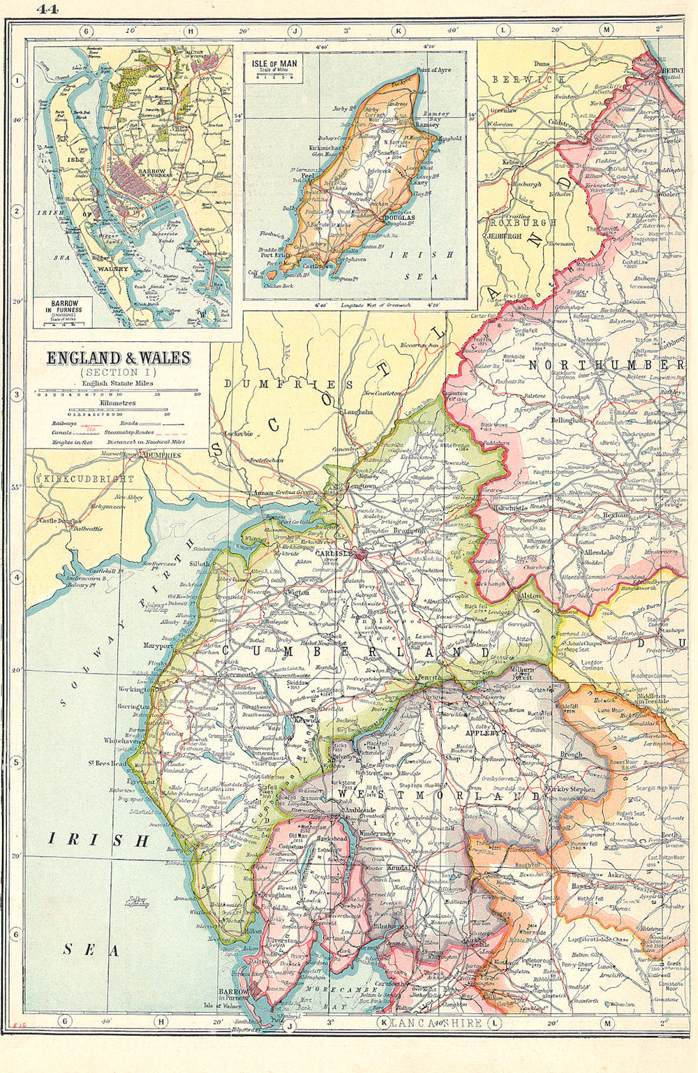 ENGLAND NW. Cumbria Westmorland. Inset Barrow in Furness;Isle of Man 1920 map