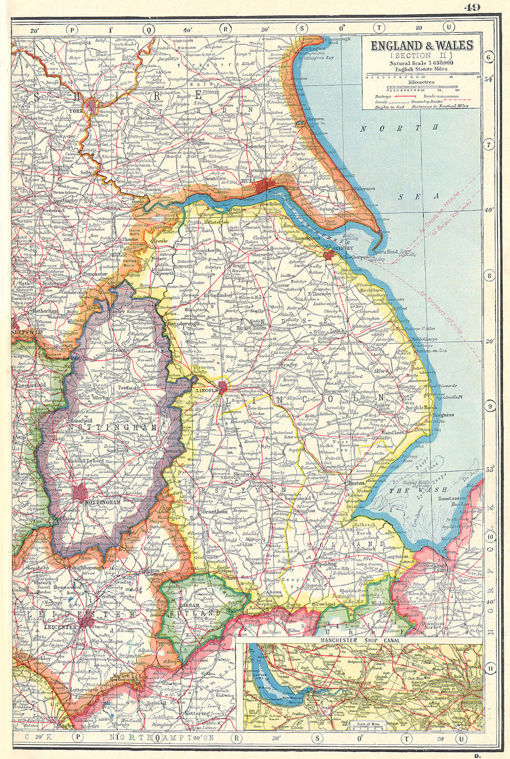 EAST MIDLANDS.Lincolnshire Nottinghamshire Rutland.Manch'r Ship Canal 1920 map
