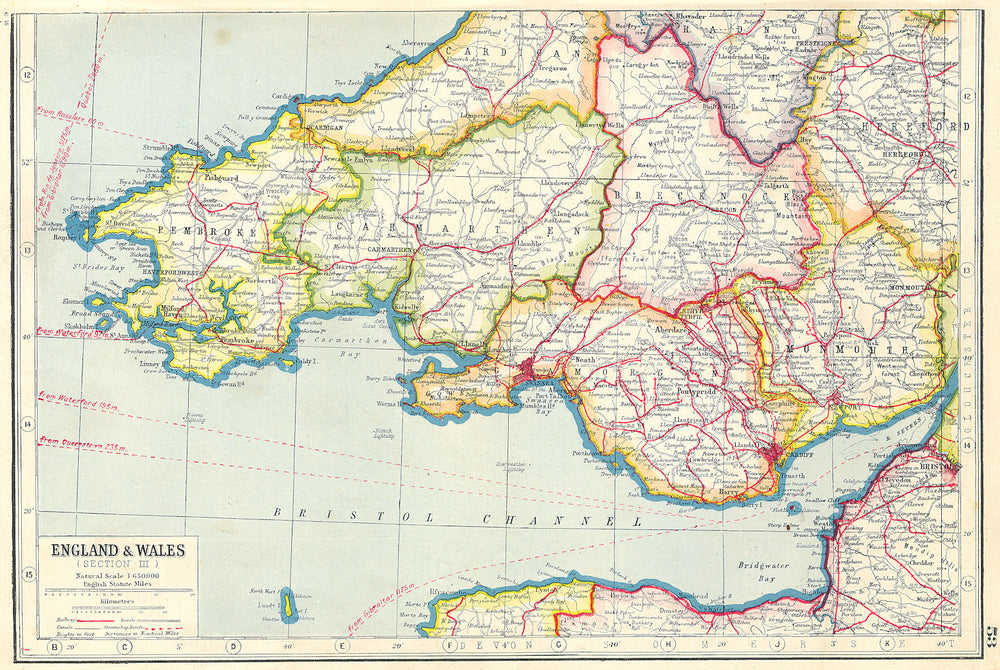 SOUTH WALES. Glamorgan Monmouth Brecknock Carmarthen Pembroke Cardiff 1920 map