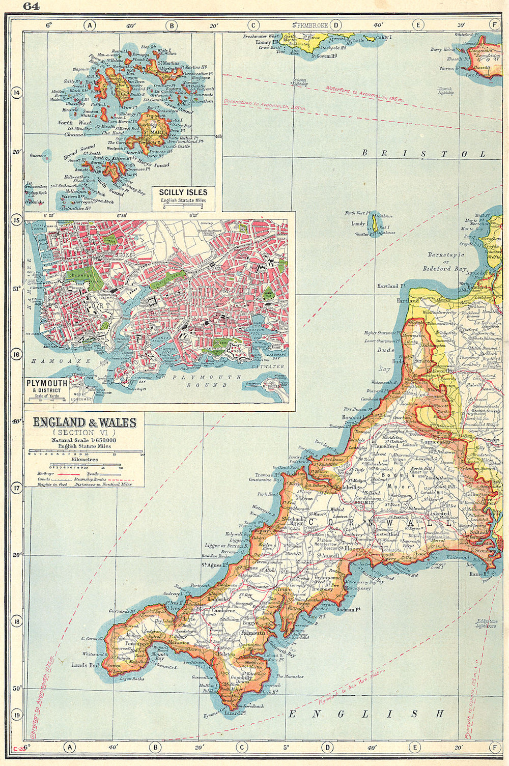 CORNWALL. inset Scilly Isles & plan of Plymouth & Devonport 1920 old map