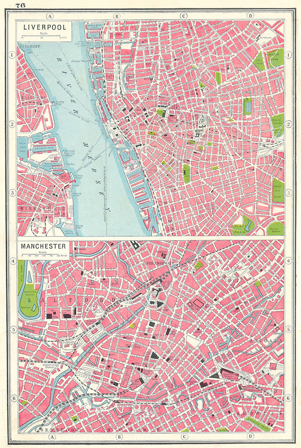 LIVERPOOL & MANCHESTER. Town plans. HARMSWORTH 1920 old antique map chart